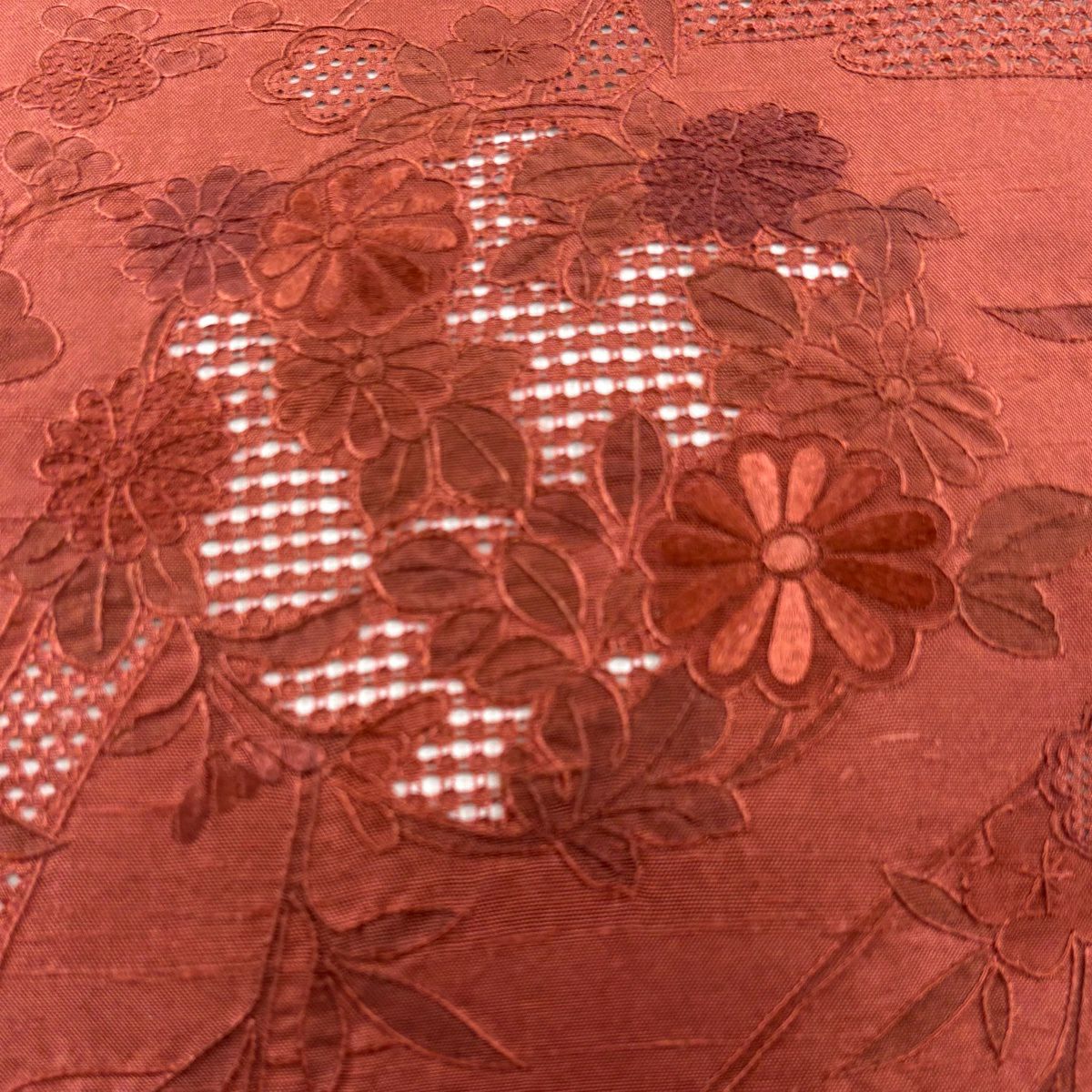 【美品】 袋帶 秀品級 紬織織 花丸紋 枝梅花 蘇州刺繡 紅茶 お太鼓柄 純蠶絲