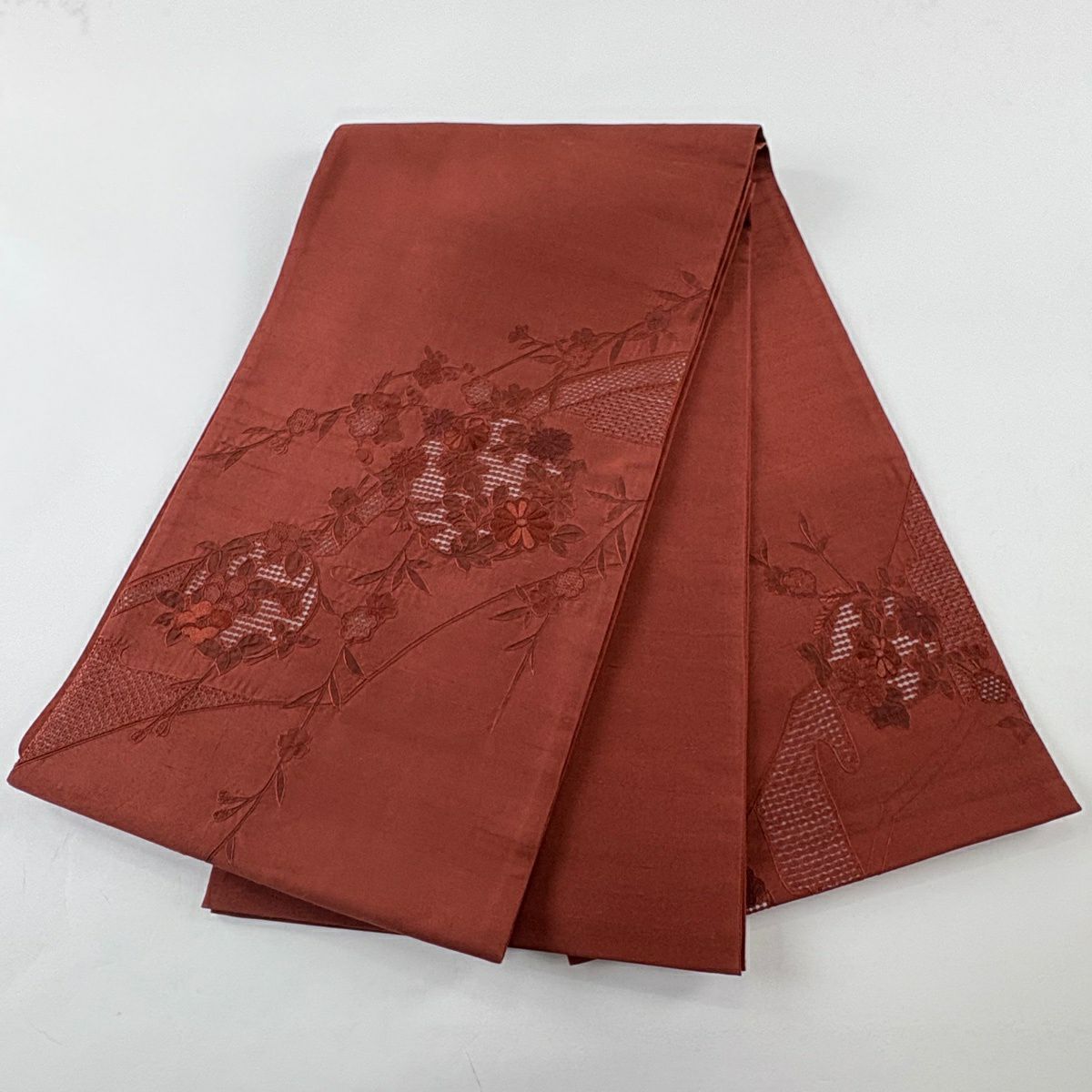 【美品】 袋帶 秀品級 紬織織 花丸紋 枝梅花 蘇州刺繡 紅茶 お太鼓柄 純蠶絲