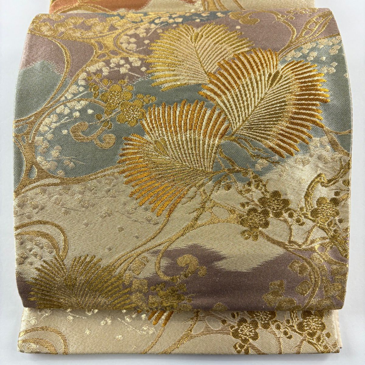 【美品】 袋帶 秀品級 若松樹 梅花 金絲 金金箔 米色 六通 純蠶絲
