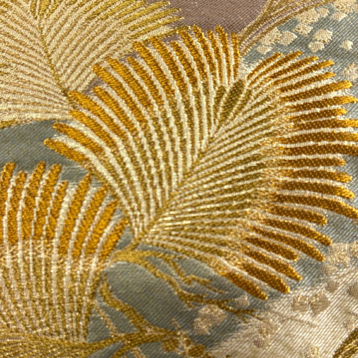 【美品】 袋帶 秀品級 若松樹 梅花 金絲 金金箔 米色 六通 純蠶絲