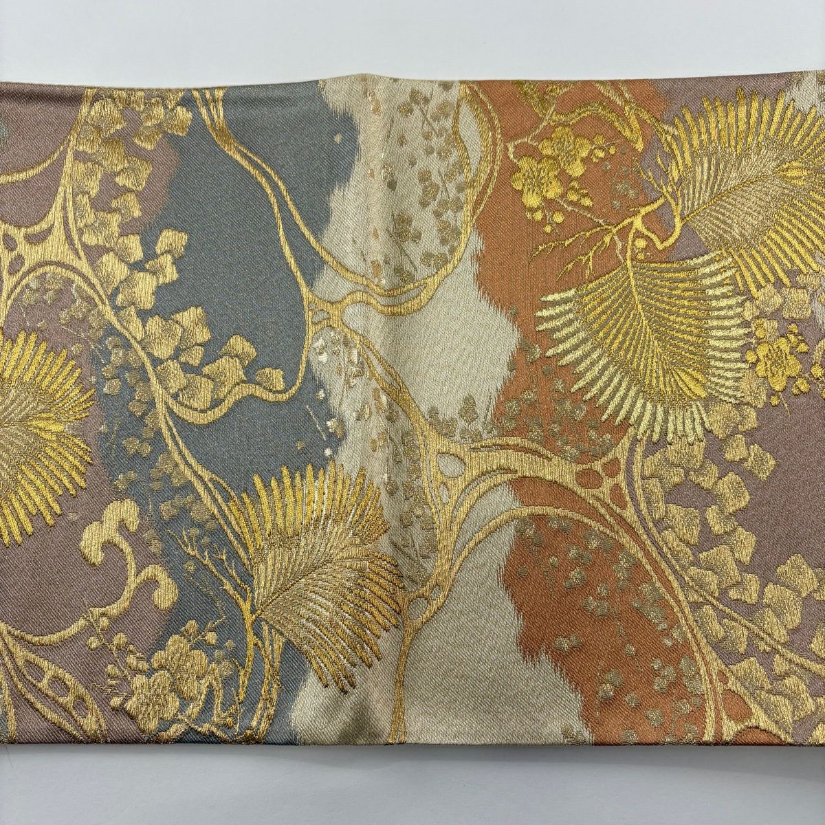 【美品】 袋帶 秀品級 若松樹 梅花 金絲 金金箔 米色 六通 純蠶絲