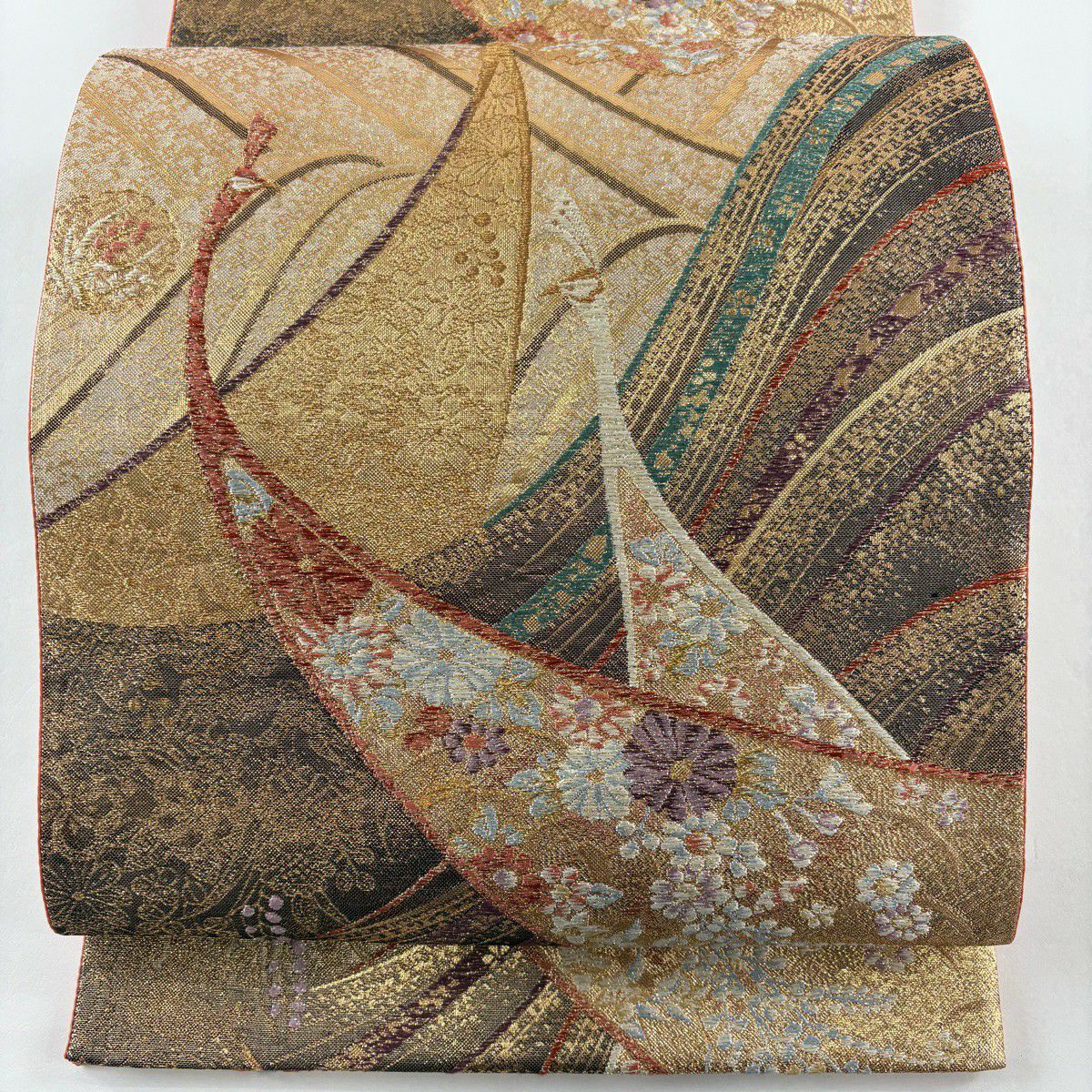 【美品】 袋帶 秀品級 鳥 草花紋 金絲 金金箔 金色 六通 純蠶絲