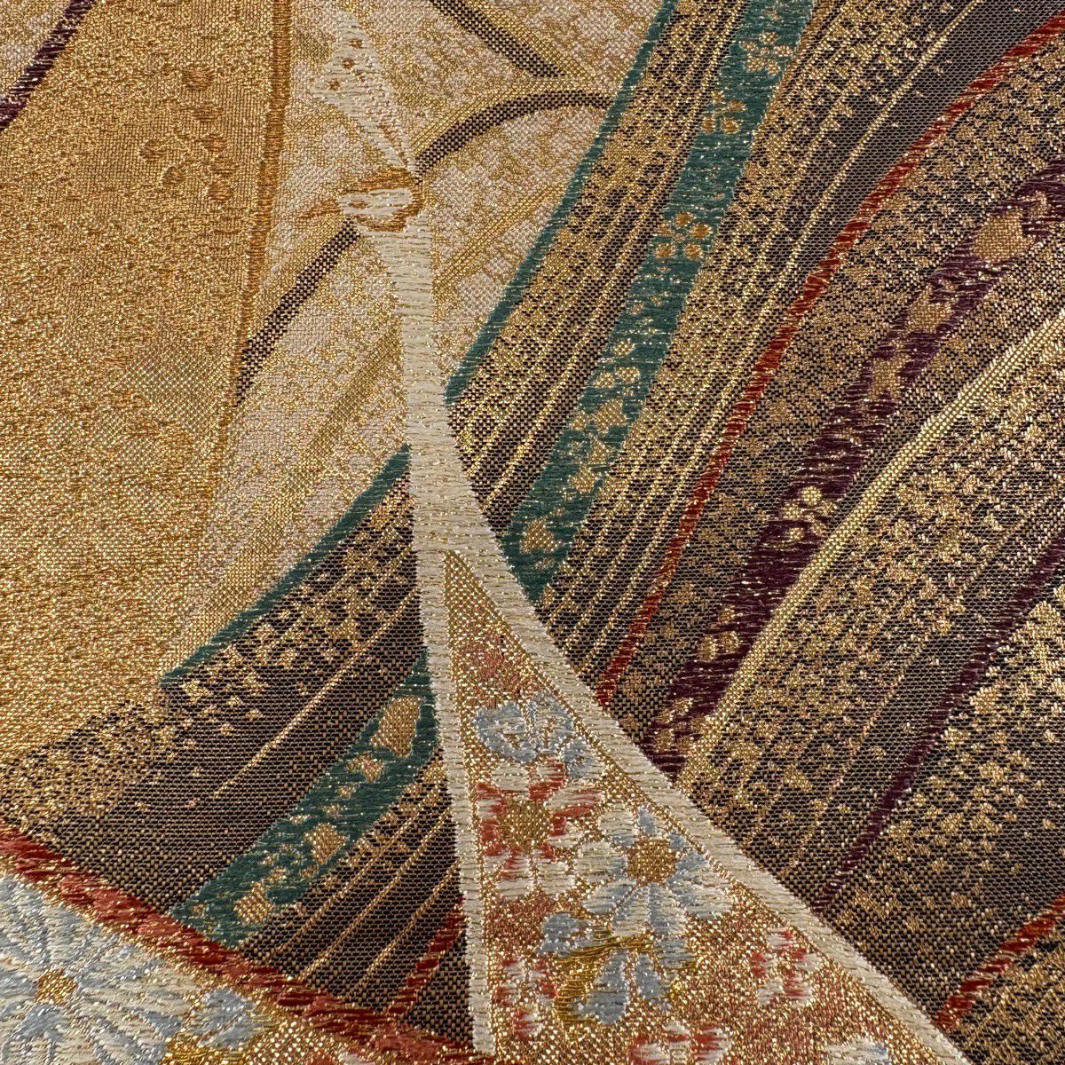 【美品】 袋帶 秀品級 鳥 草花紋 金絲 金金箔 金色 六通 純蠶絲