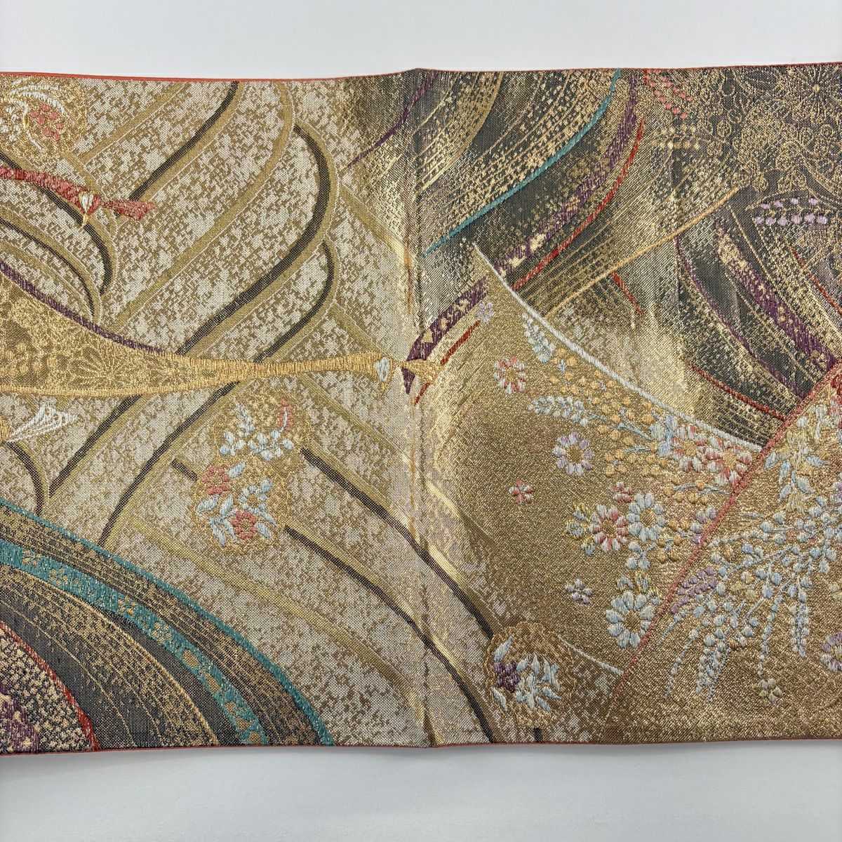 【美品】 袋帶 秀品級 鳥 草花紋 金絲 金金箔 金色 六通 純蠶絲