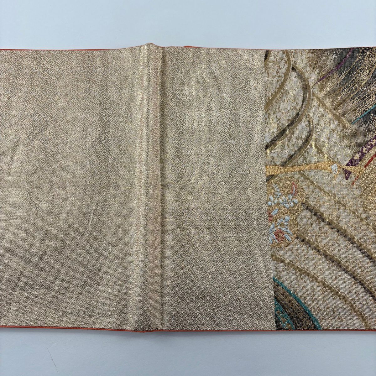 【美品】 袋帶 秀品級 鳥 草花紋 金絲 金金箔 金色 六通 純蠶絲