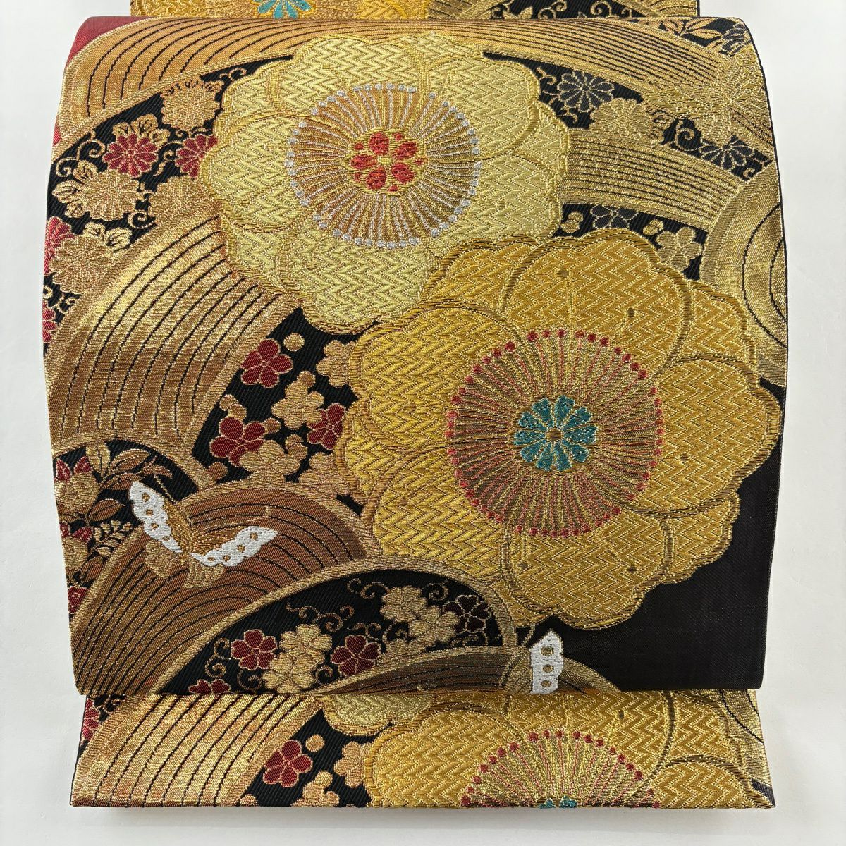 【美品】 袋帶 秀品級 振袖禮服禮服用 草花紋紋 波 金銀彩 金金箔 黑 六通 純蠶絲