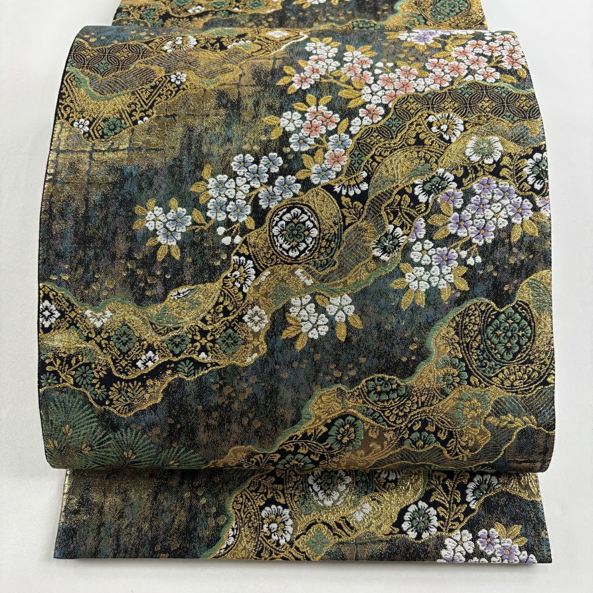 【美品】 袋帶 秀品級 櫻花 道長取 金絲 金金箔 青綠 六通 純蠶絲