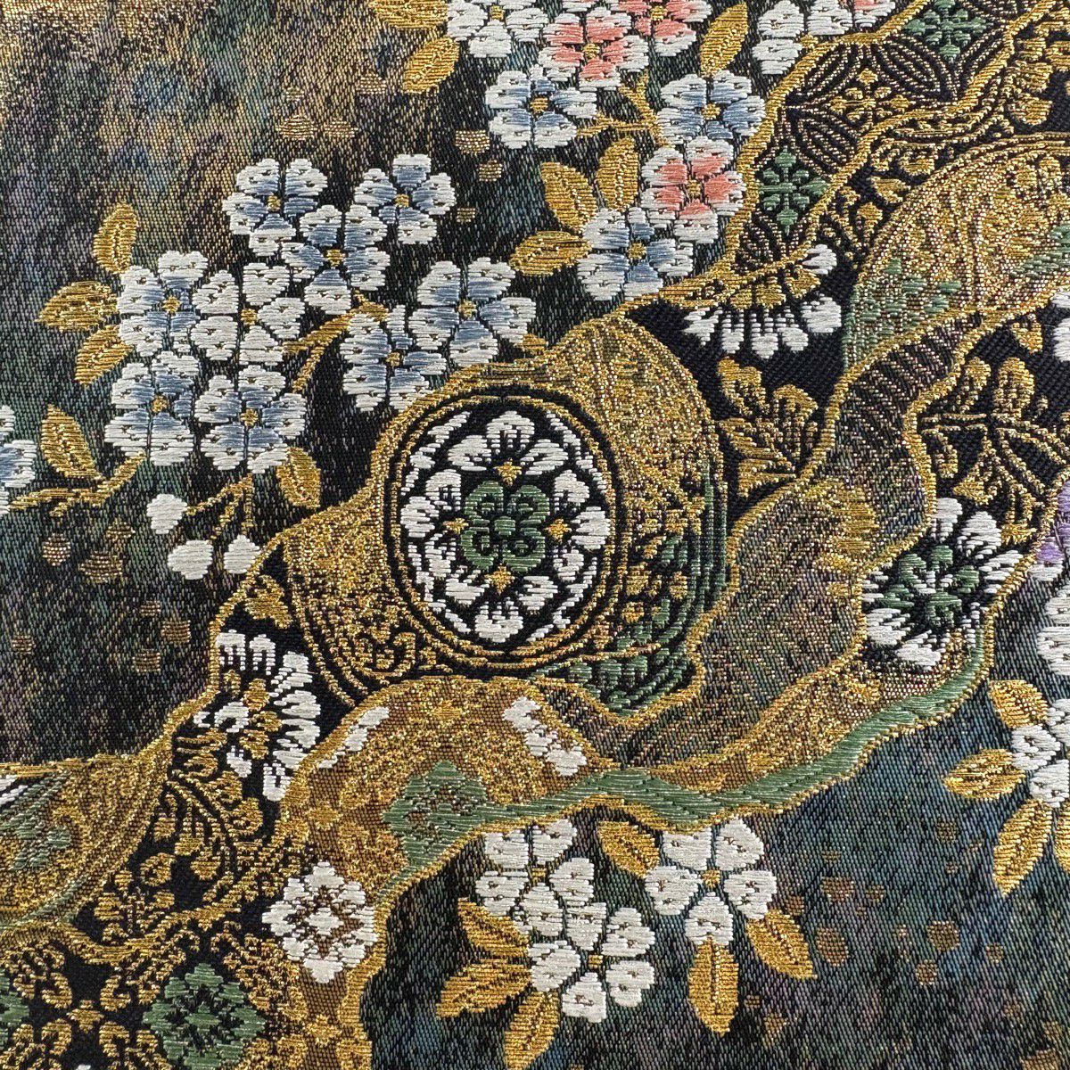 【美品】 袋帶 秀品級 櫻花 道長取 金絲 金金箔 青綠 六通 純蠶絲
