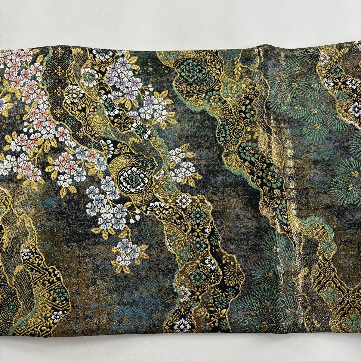 【美品】 袋帶 秀品級 櫻花 道長取 金絲 金金箔 青綠 六通 純蠶絲