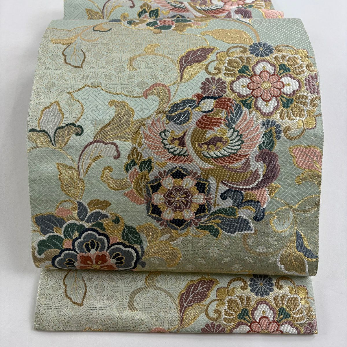 【美品】 袋帶 秀品級 鳳凰 花唐草紋 金絲 金金箔 淺綠 六通 純蠶絲