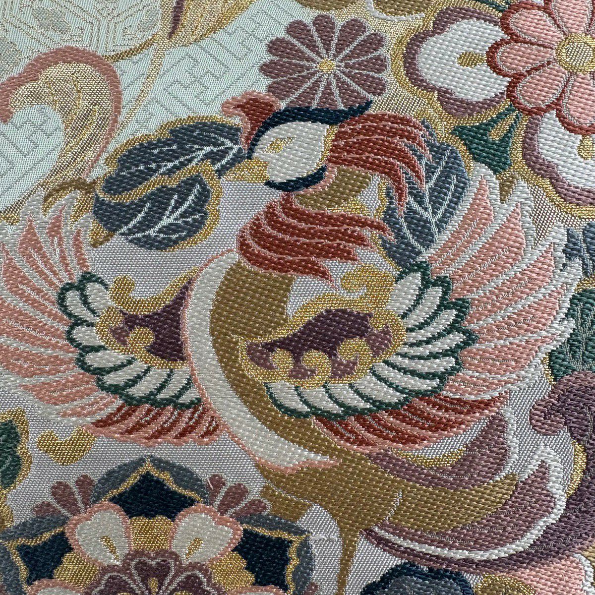 【美品】 袋帶 秀品級 鳳凰 花唐草紋 金絲 金金箔 淺綠 六通 純蠶絲