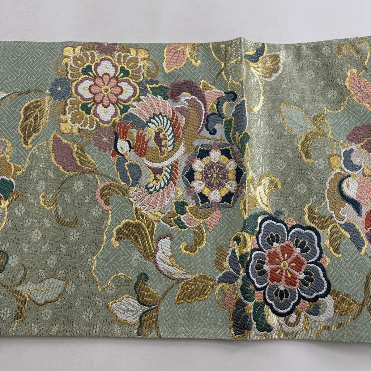 【美品】 袋帶 秀品級 鳳凰 花唐草紋 金絲 金金箔 淺綠 六通 純蠶絲
