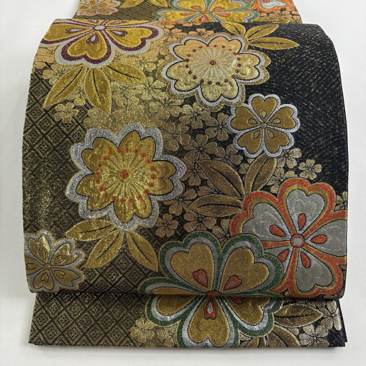 【美品】 袋帶 秀品級 振袖禮服禮服用 櫻花 入子菱 金絲 金金箔 金 六通 純蠶絲