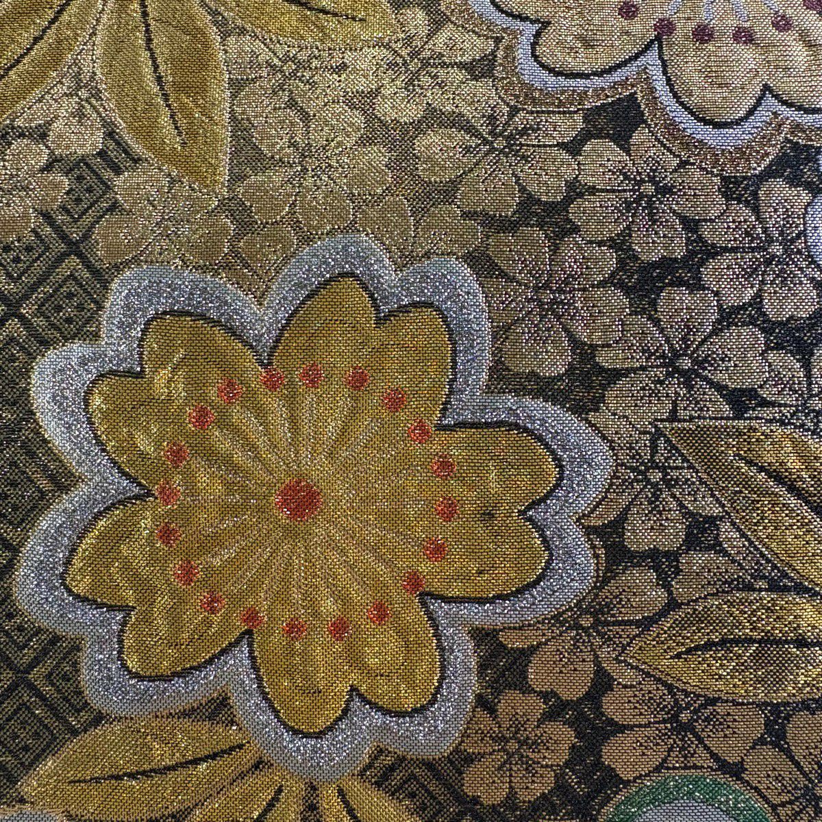 【美品】 袋帶 秀品級 振袖禮服禮服用 櫻花 入子菱 金絲 金金箔 金 六通 純蠶絲