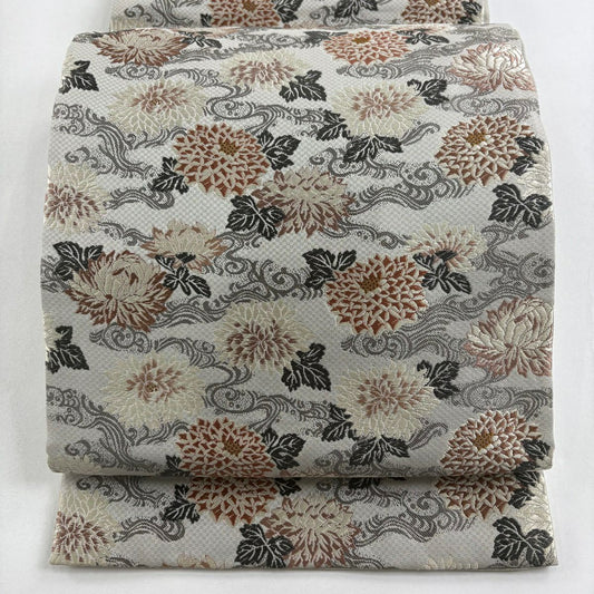 袋帶 秀品級 落款 明治圖案 菊花花 波紋 灰色 六通 純蠶絲