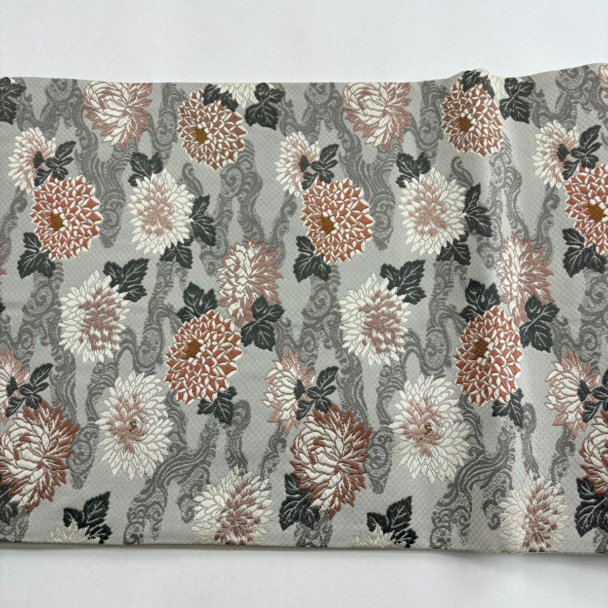 袋帶 秀品級 落款 明治圖案 菊花花 波紋 灰色 六通 純蠶絲