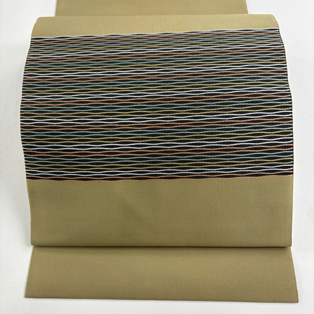 【美品】 名古屋帶 優品級 八寸名古屋帶 松樹葉仕立 雜紋 幾何圖案 淺茶 純蠶絲