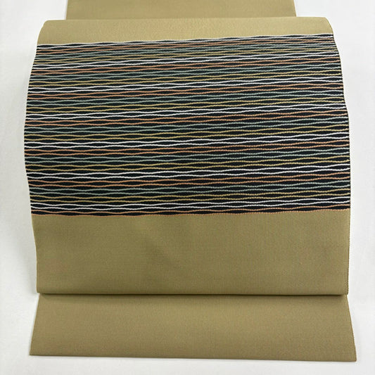 【美品】 名古屋帶 優品級 八寸名古屋帶 松樹葉仕立 雜紋 幾何圖案 淺茶 純蠶絲