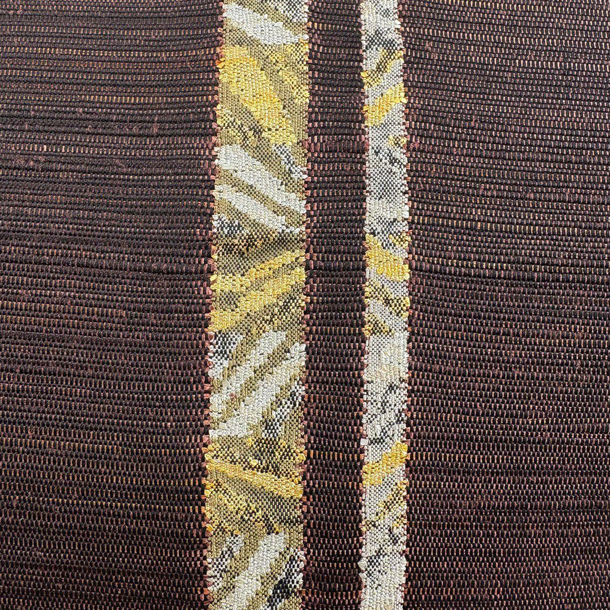 【美品】 名古屋帶 優品級 八寸名古屋帶 松樹葉仕立 幾何學 金銀彩 茶紫 純蠶絲