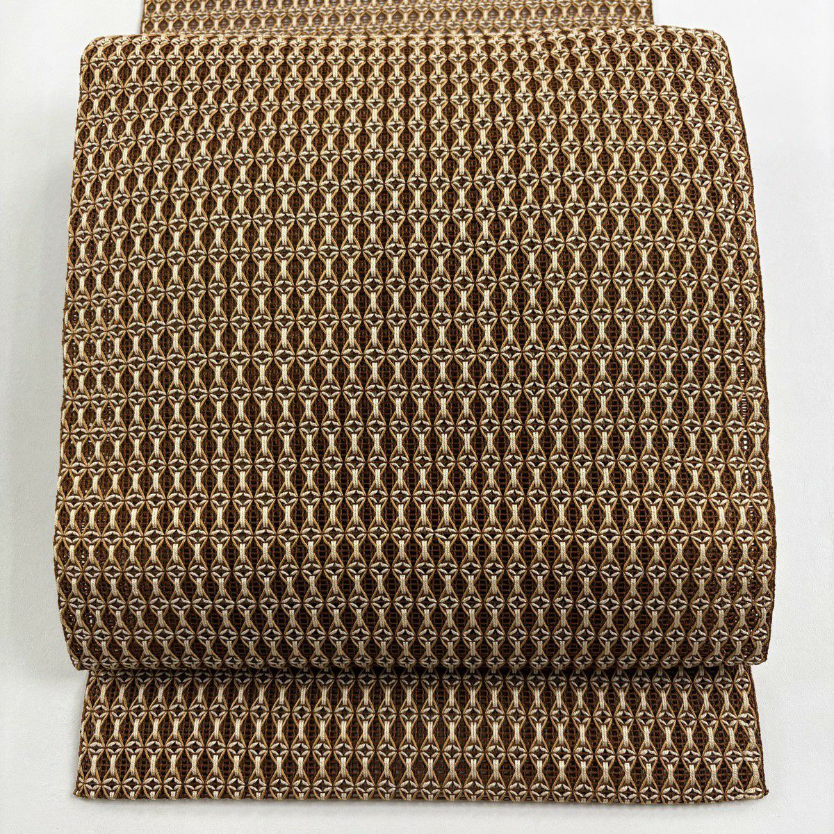 【美品】名古屋帶 秀品級 夏帶 八寸名古屋帶 松樹葉仕立 幾何學 茶 純蠶絲