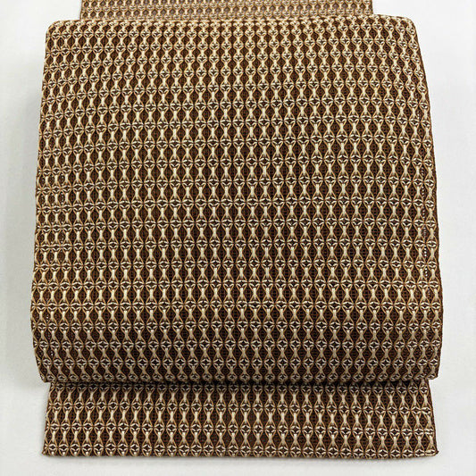 【美品】名古屋帶 秀品級 夏帶 八寸名古屋帶 松樹葉仕立 幾何學 茶 純蠶絲