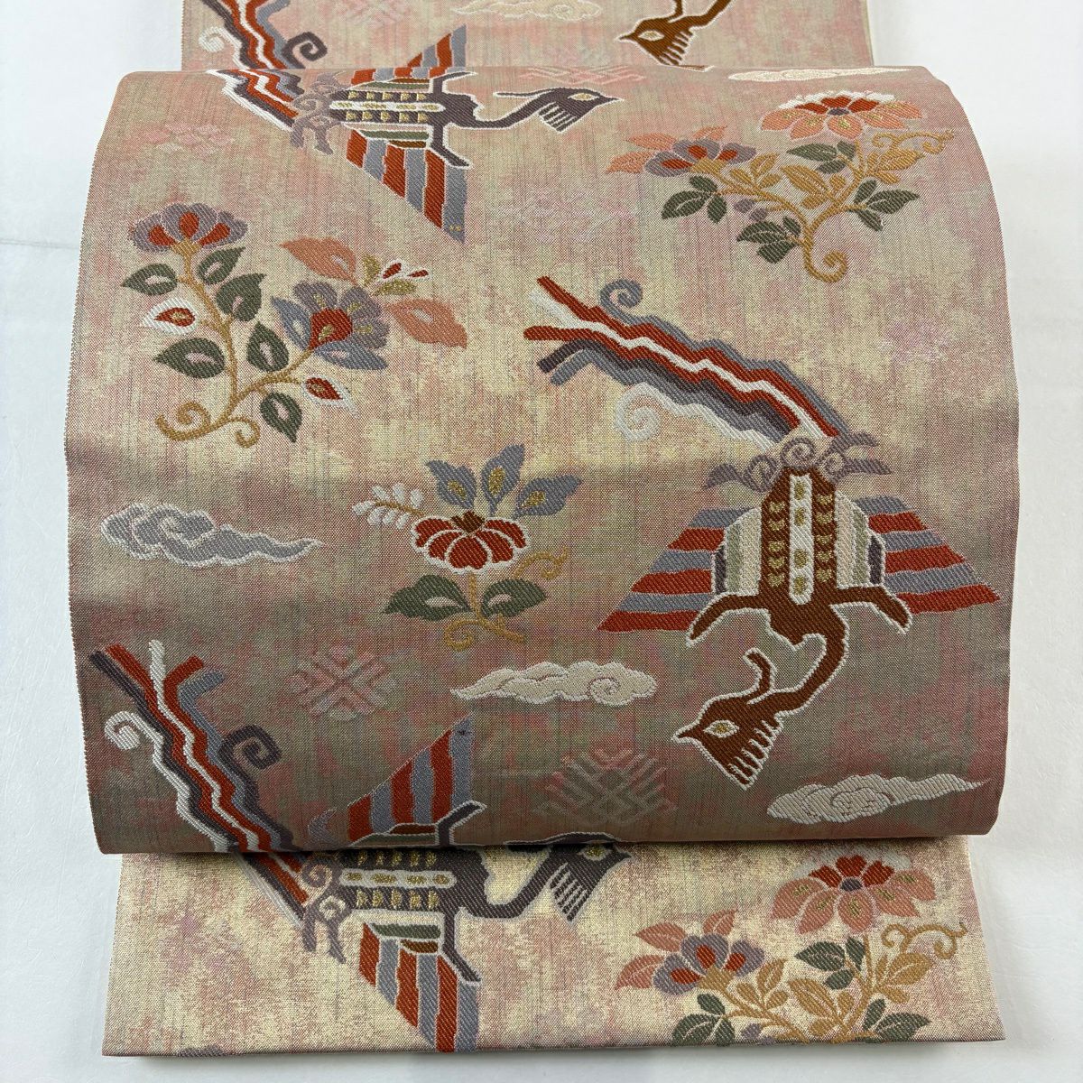 【美品】 袋帶 秀品級 草花紋紋 鳥 金絲 粉米色 六通 純蠶絲