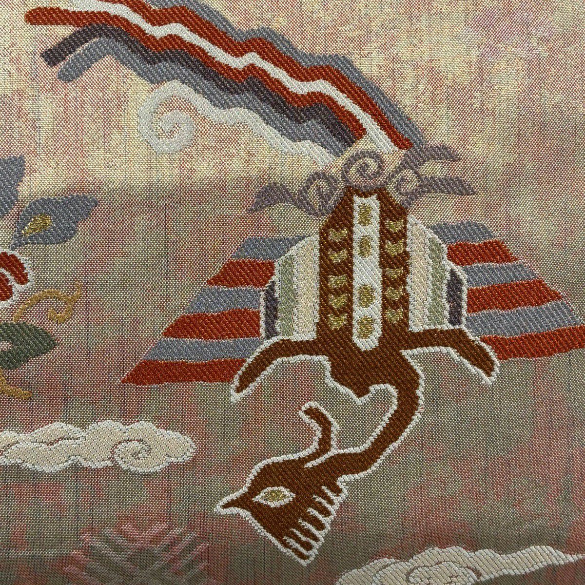 【美品】 袋帶 秀品級 草花紋紋 鳥 金絲 粉米色 六通 純蠶絲