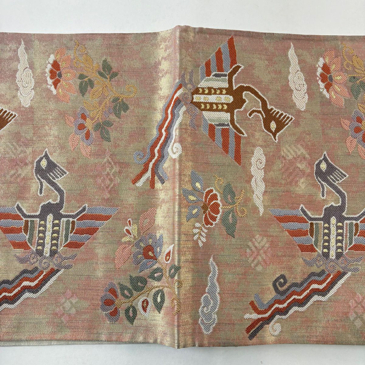 【美品】 袋帶 秀品級 草花紋紋 鳥 金絲 粉米色 六通 純蠶絲