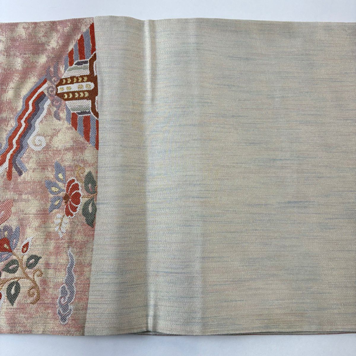 【美品】 袋帶 秀品級 草花紋紋 鳥 金絲 粉米色 六通 純蠶絲