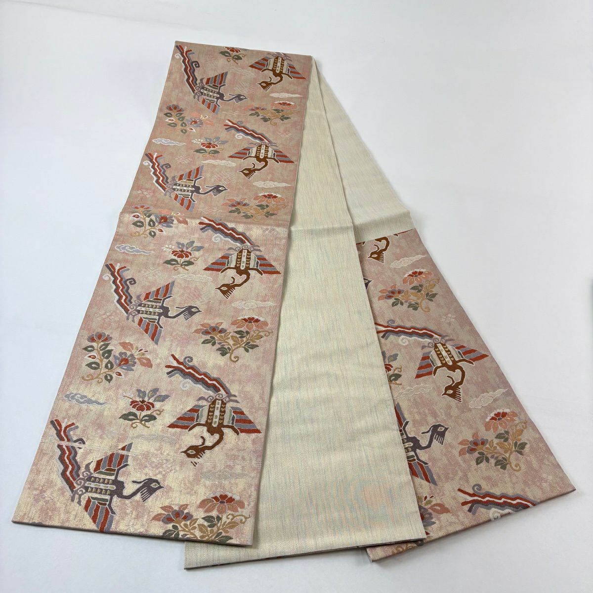 【美品】 袋帶 秀品級 草花紋紋 鳥 金絲 粉米色 六通 純蠶絲