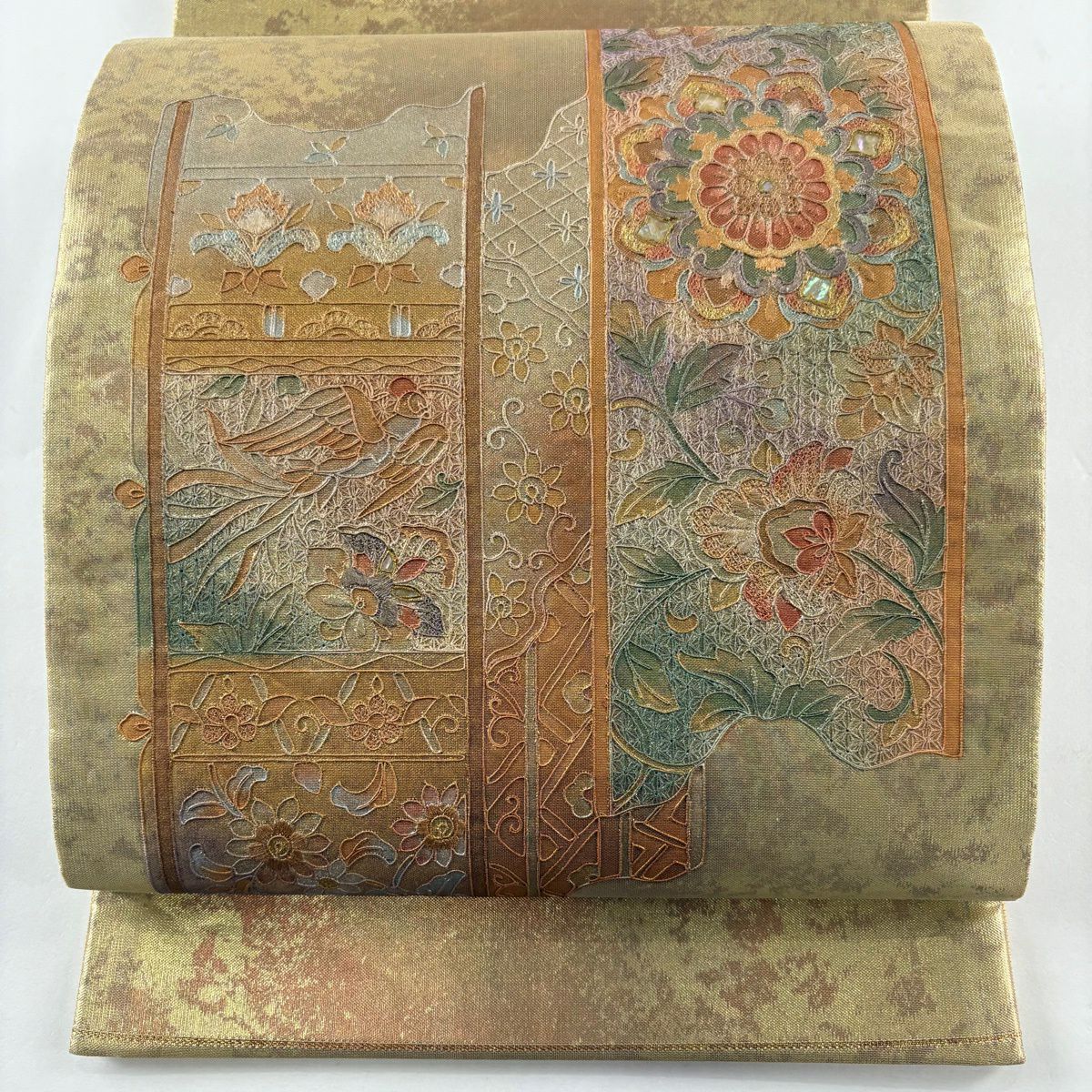 【美品】 袋帶 秀品級 關西仕立 華紋 鳥 螺鈿 金金箔 金色 大鼓圖案 純蠶絲