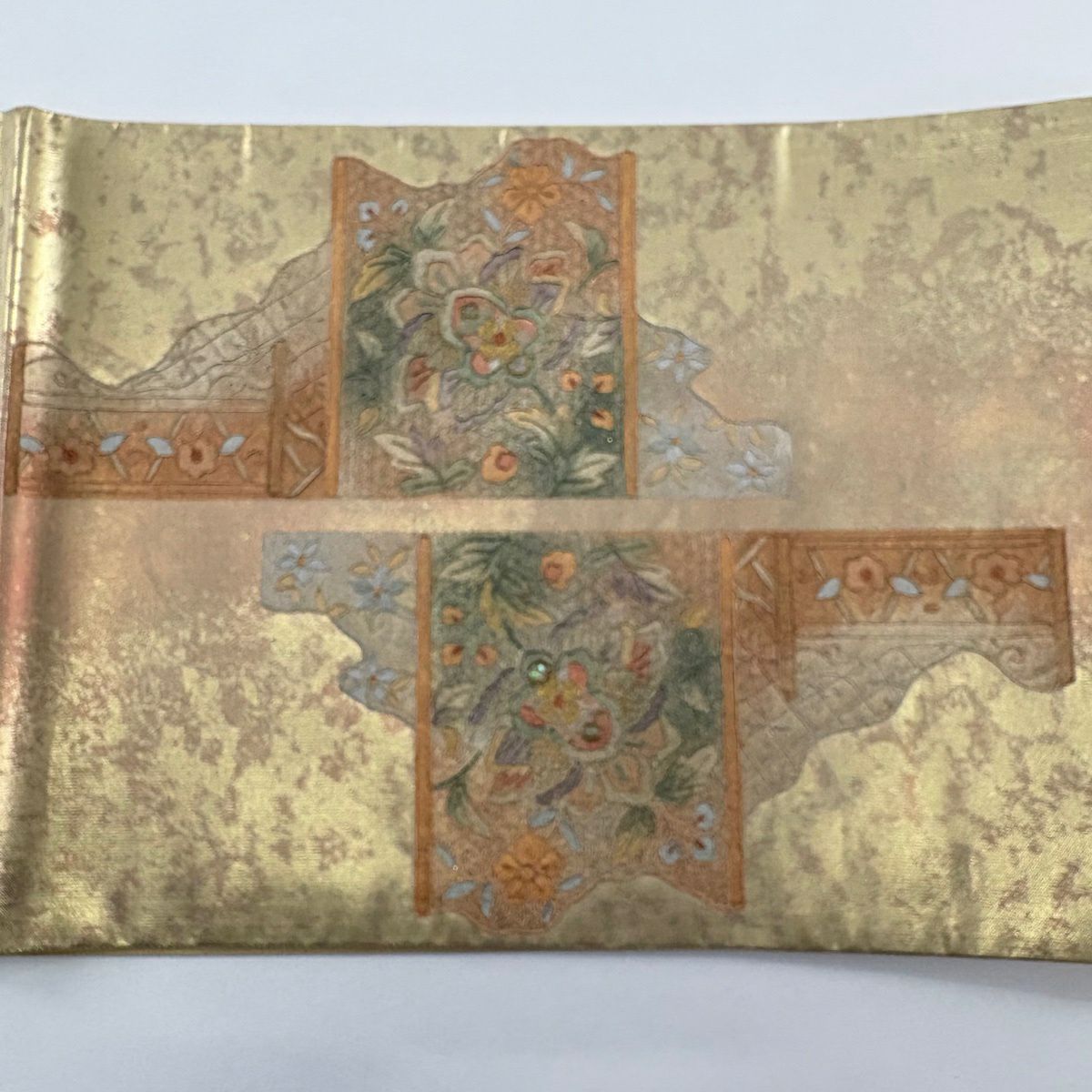 【美品】 袋帶 秀品級 關西仕立 華紋 鳥 螺鈿 金金箔 金色 大鼓圖案 純蠶絲