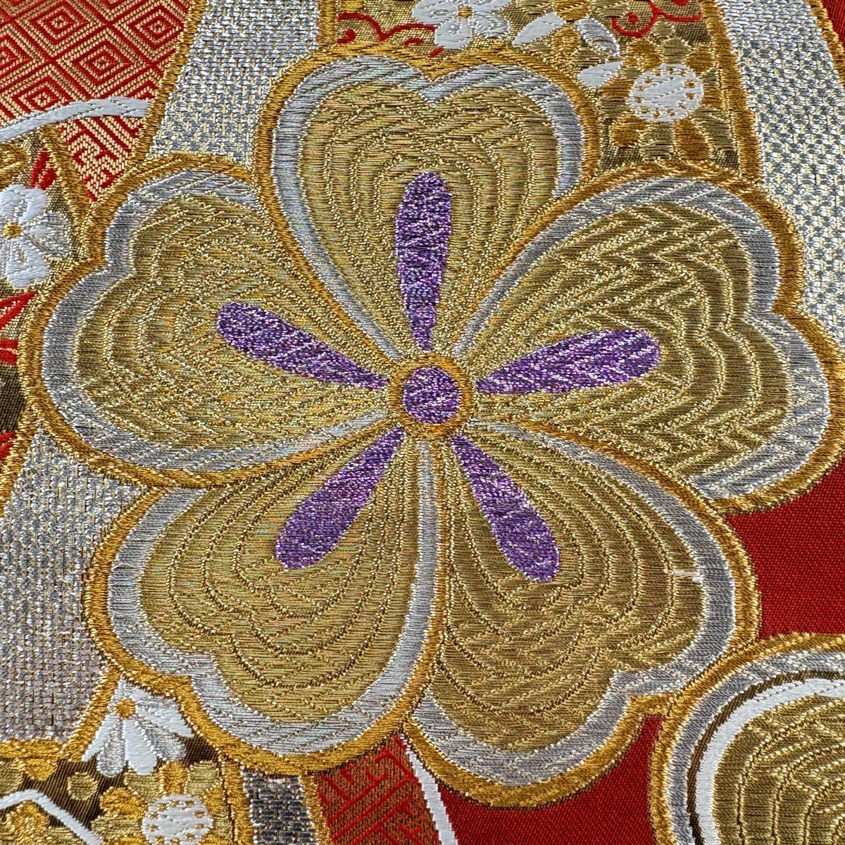 【美品】 袋帶 秀品級櫻花 熨斗紋 金銀線 金金箔 朱紅色 六通 純蠶絲