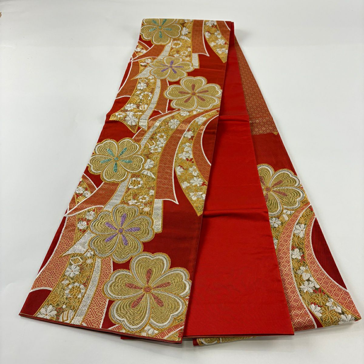 【美品】 袋帶 秀品級櫻花 熨斗紋 金銀線 金金箔 朱紅色 六通 純蠶絲