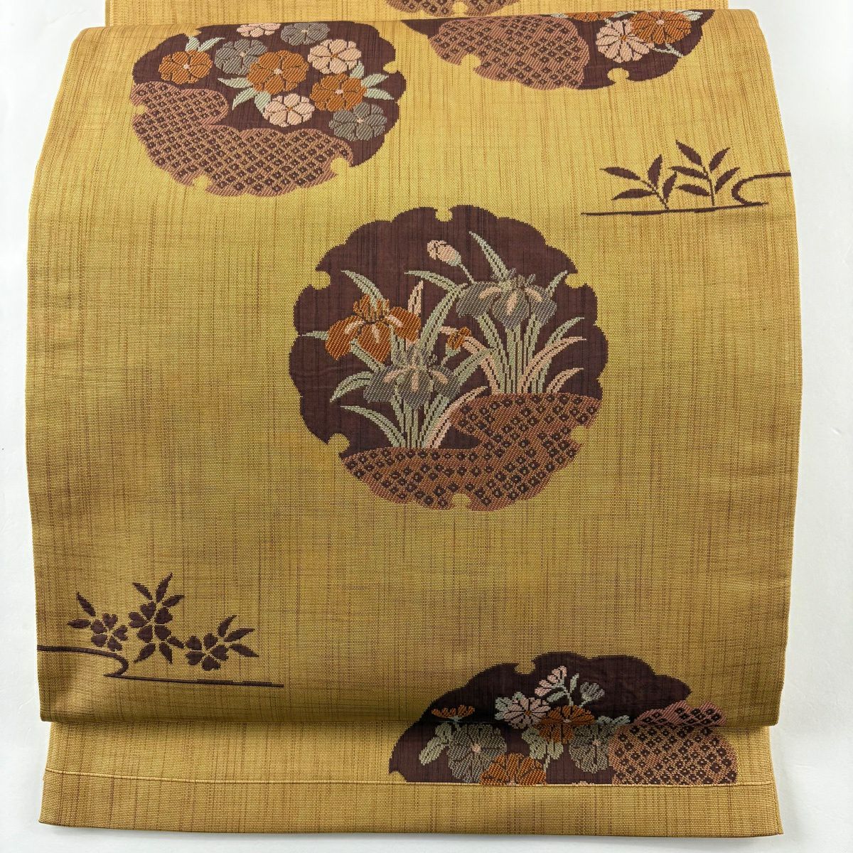 【美品】 袋帶 秀品級 雪輪 草花紋 茶 六通 純蠶絲
