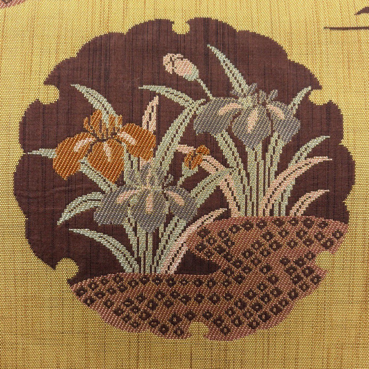 【美品】 袋帶 秀品級 雪輪 草花紋 茶 六通 純蠶絲