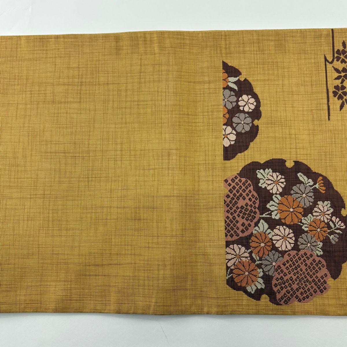 【美品】 袋帶 秀品級 雪輪 草花紋 茶 六通 純蠶絲