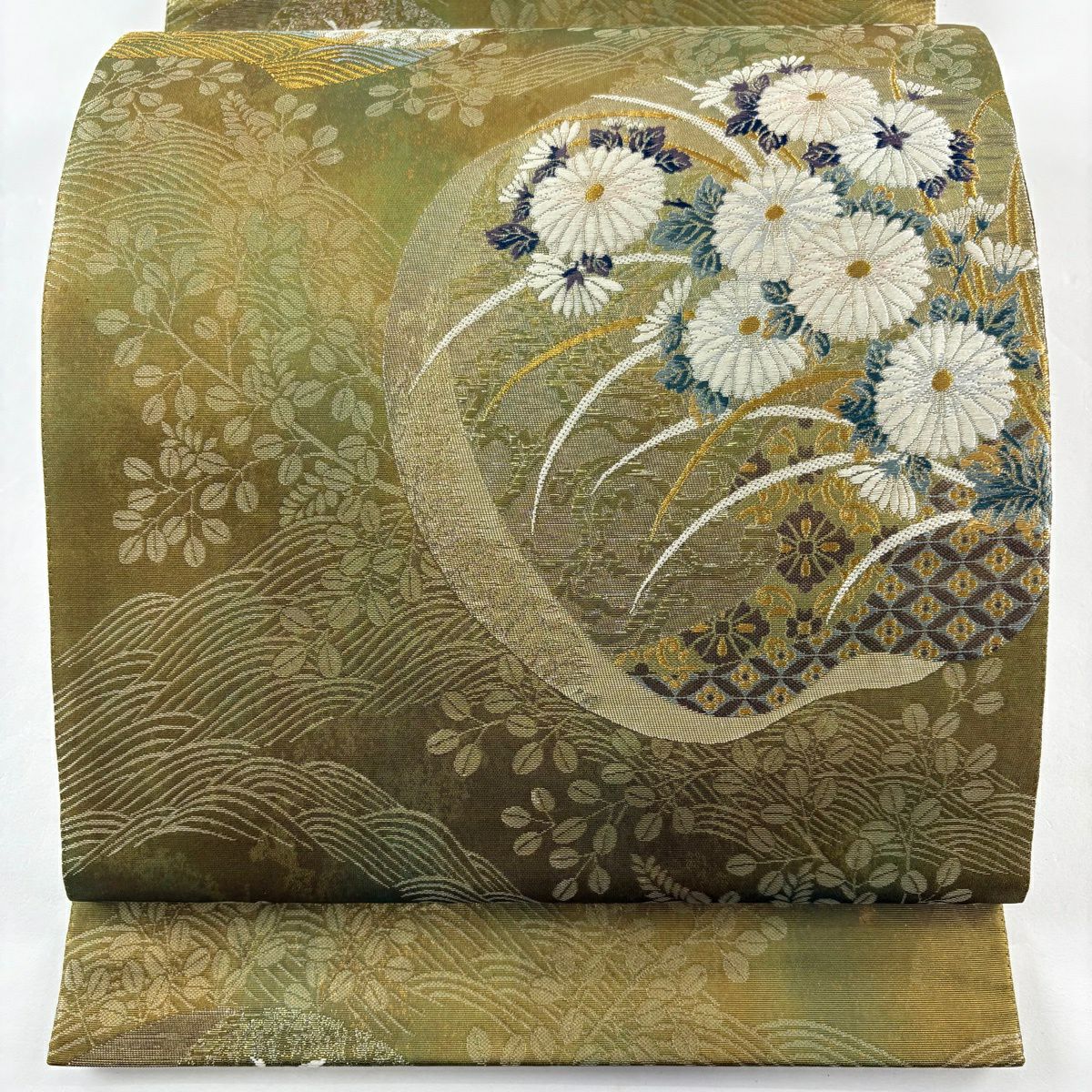 【美品】 袋帶 秀品級 秋麗團扇子紋 金絲 金金箔 茶綠 六通 純蠶絲