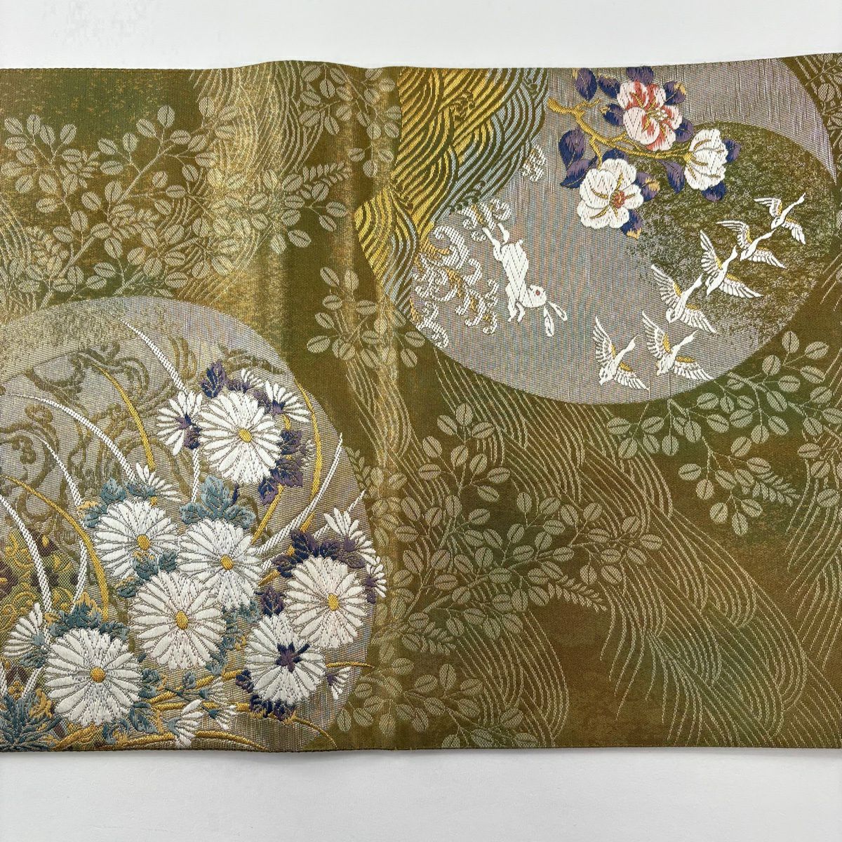【美品】 袋帶 秀品級 秋麗團扇子紋 金絲 金金箔 茶綠 六通 純蠶絲