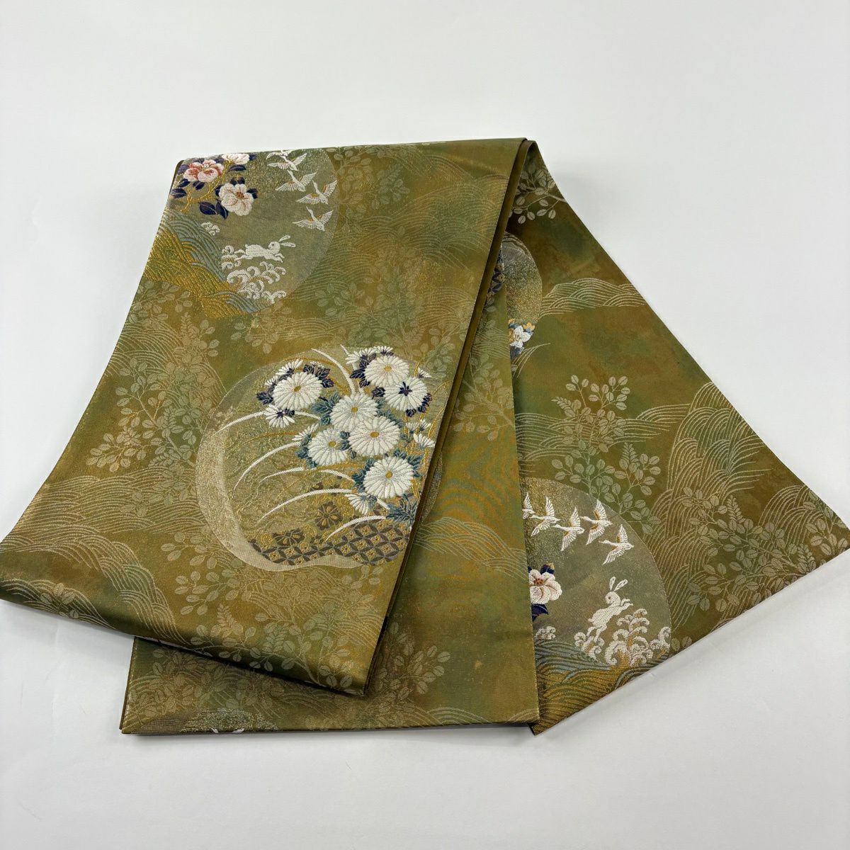 【美品】 袋帶 秀品級 秋麗團扇子紋 金絲 金金箔 茶綠 六通 純蠶絲