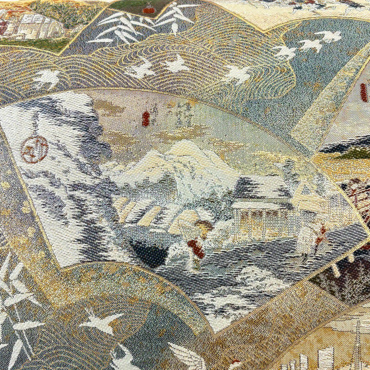 袋帶 秀品級 東海道五拾三次 扇子面 金金箔 青綠 六通 純蠶絲
