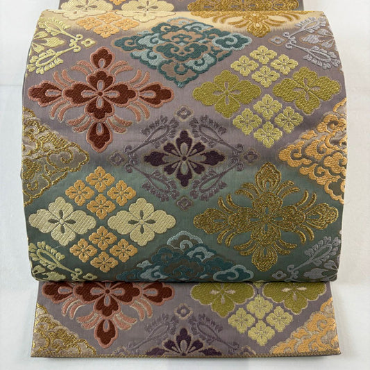 袋帶 秀品級 關西仕立 花菱 草花紋紋 刺繡 金金箔 灰紫 六通 純蠶絲