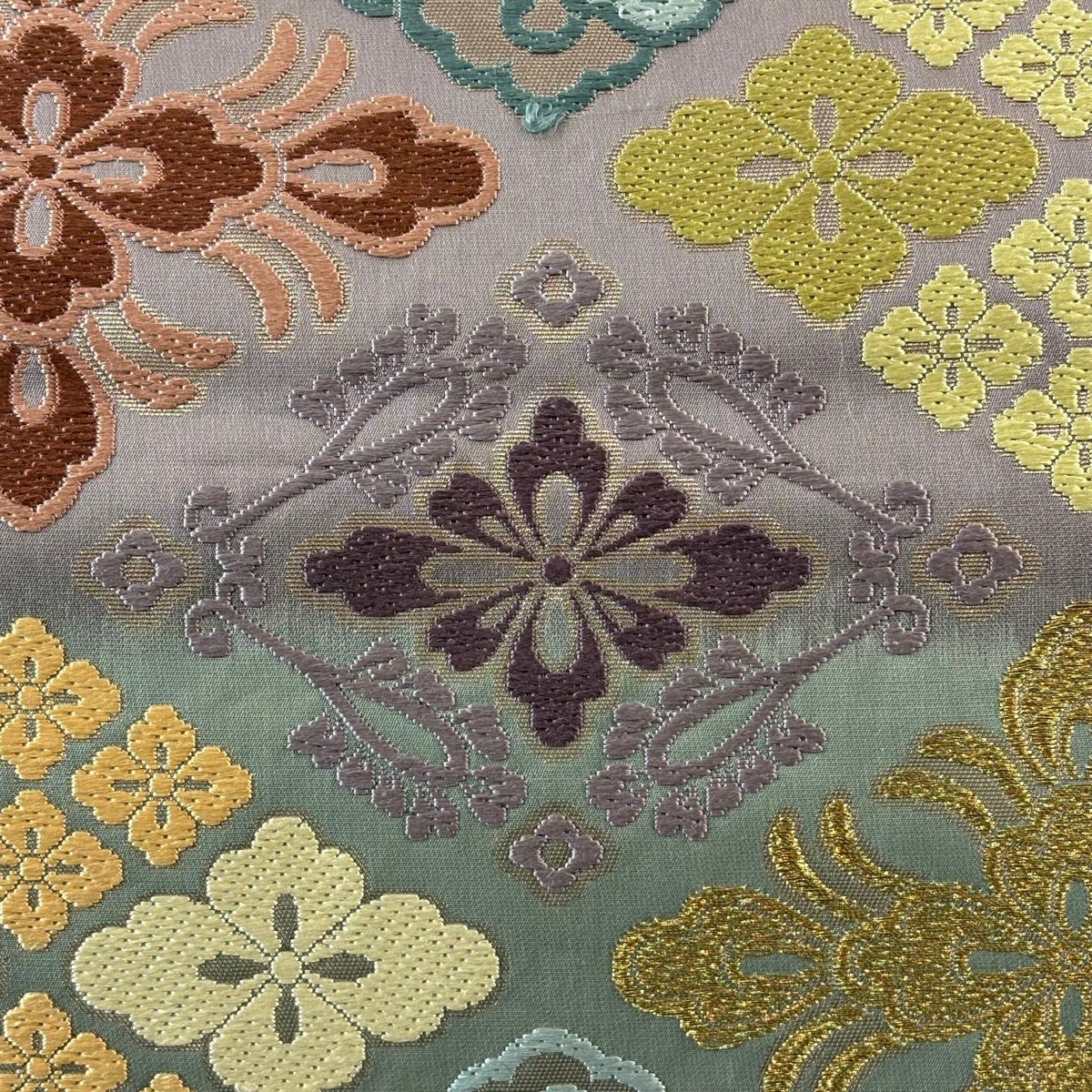 袋帶 秀品級 關西仕立 花菱 草花紋紋 刺繡 金金箔 灰紫 六通 純蠶絲