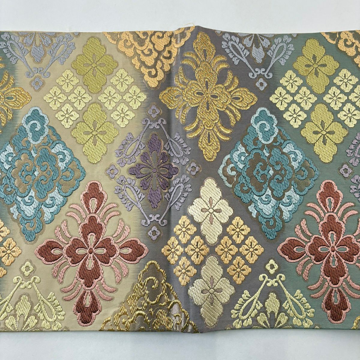 袋帶 秀品級 關西仕立 花菱 草花紋紋 刺繡 金金箔 灰紫 六通 純蠶絲