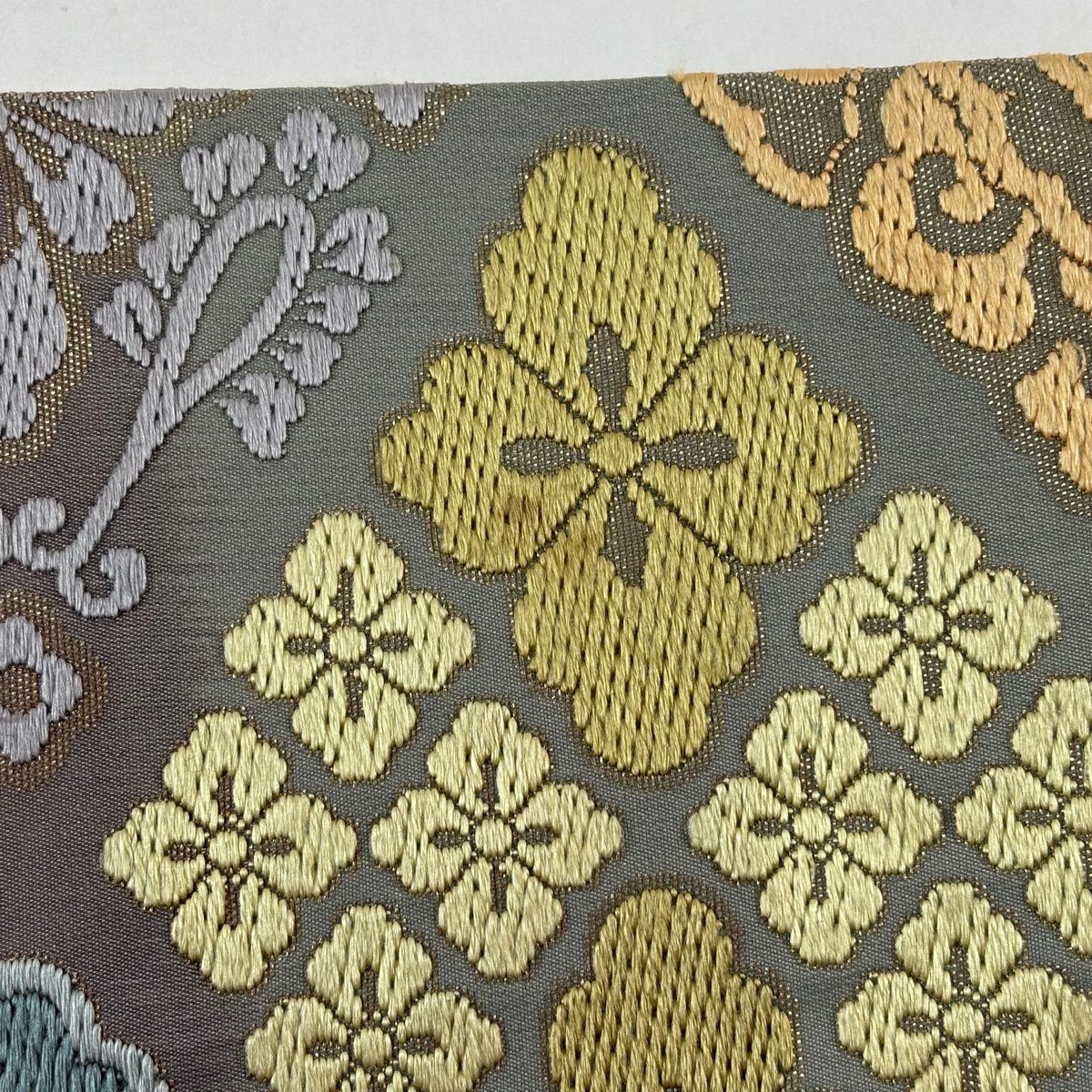 袋帶 秀品級 關西仕立 花菱 草花紋紋 刺繡 金金箔 灰紫 六通 純蠶絲