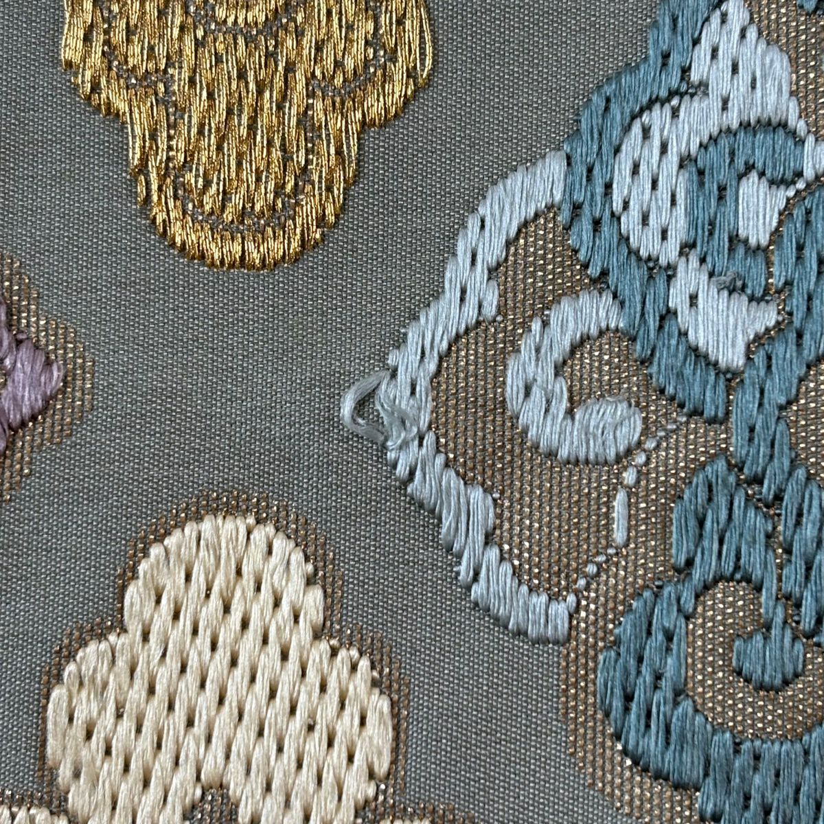袋帶 秀品級 關西仕立 花菱 草花紋紋 刺繡 金金箔 灰紫 六通 純蠶絲