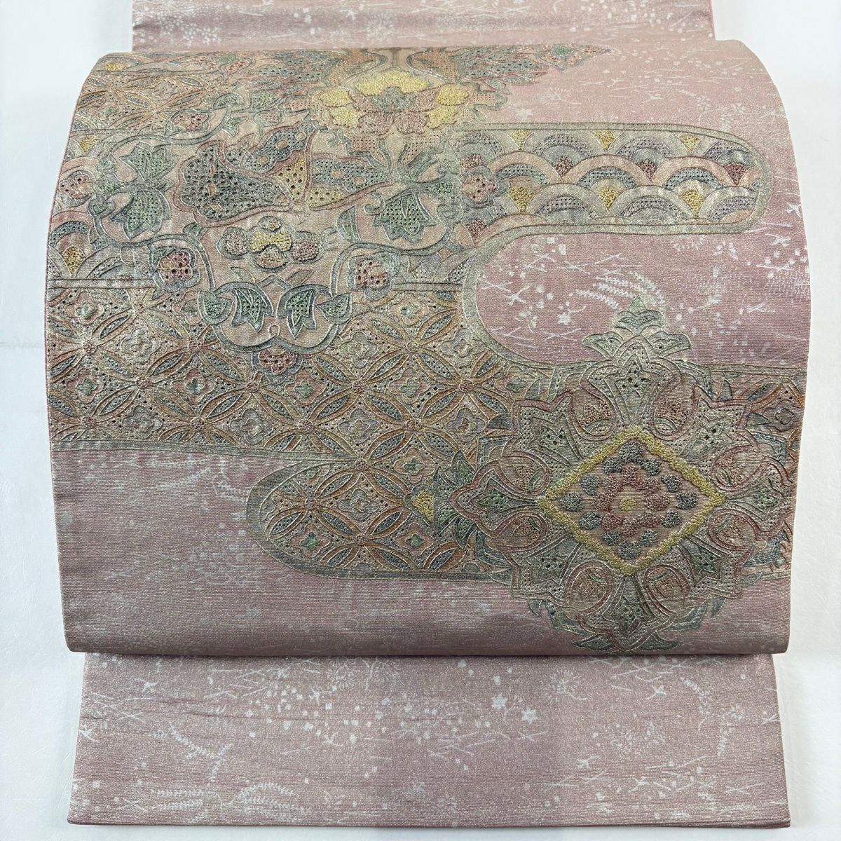 袋帶 秀品級 紬織織 草花紋紋 薄小豆 刺繡 金銀彩 正蠶絲