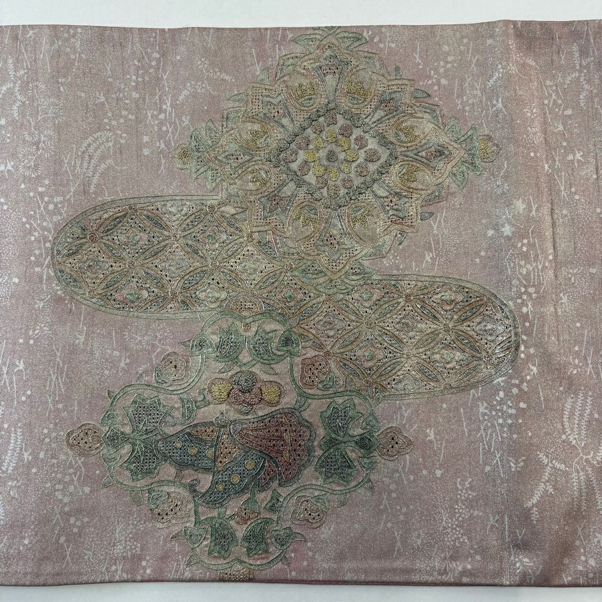 袋帶 秀品級 紬織織 草花紋紋 薄小豆 刺繡 金銀彩 正蠶絲