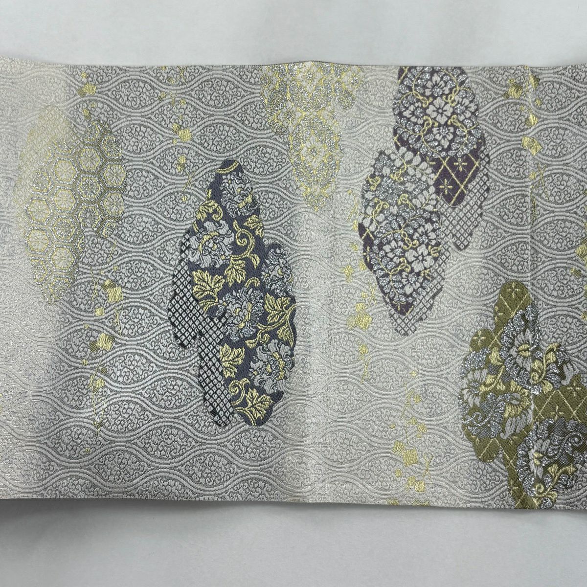 袋帶 名品級 花唐草紋 雲文 銀線 金金箔 灰白 六通 純蠶絲