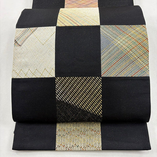 袋帶 名品級 市松樹 斜紋 金銀絲 金金箔 黑 お太鼓圖案 純蠶絲